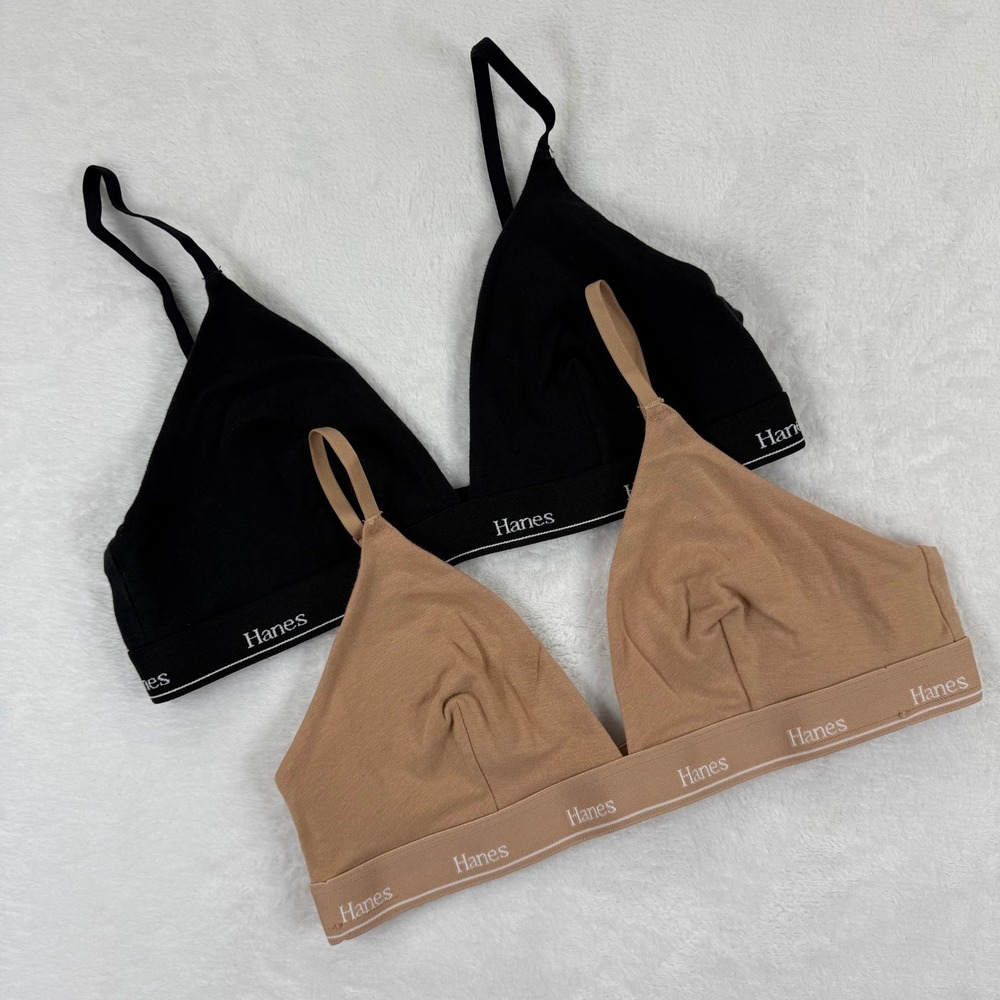 Hanes Womens Cotton Spandex Triangle Bralette 2 Pack‎ Black Tan M